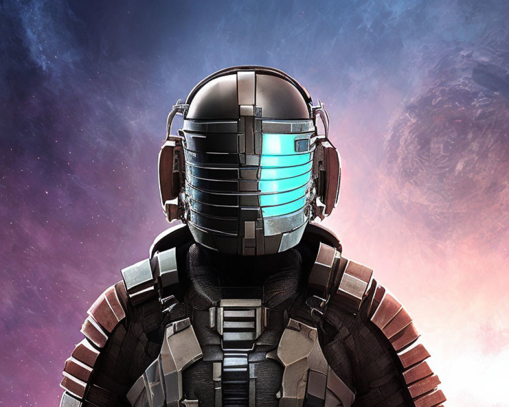 Armored figure with glowing visor in cosmic setting
