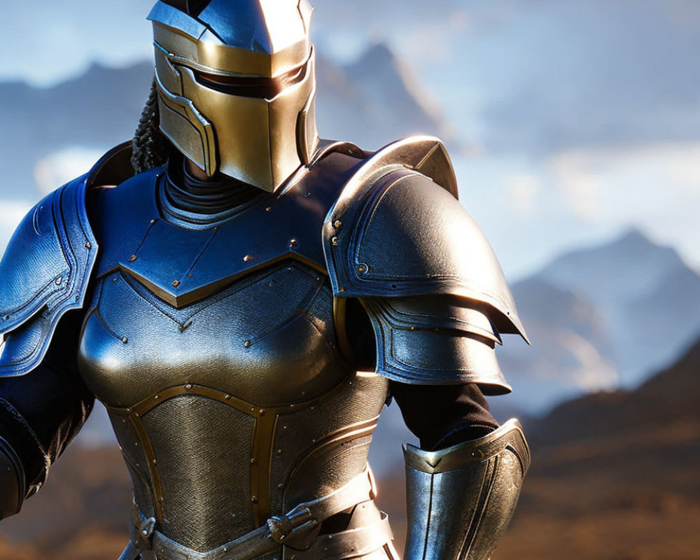 Knight in Shining Armor Overlooking Mountainous Landscape at Sunset