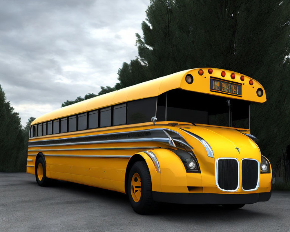 Yellow School Bus with Black Stripes and Chrome Detailing Parked on Asphalt Among Green Trees