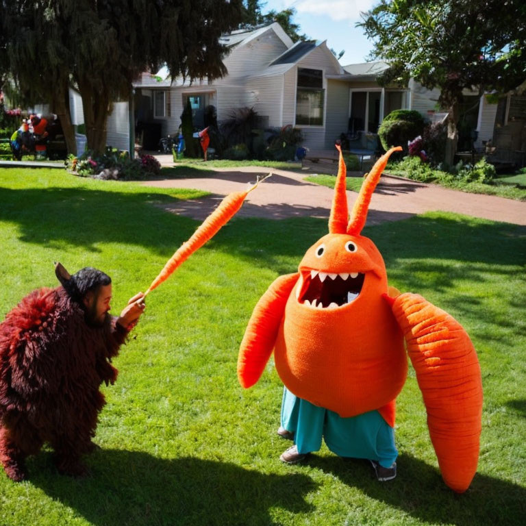 Two people in furry and monster costumes in sunny suburban yard