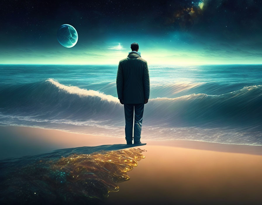 Man on Cliff Gazes at Surreal Ocean Waves, Giant Moon, and Stars