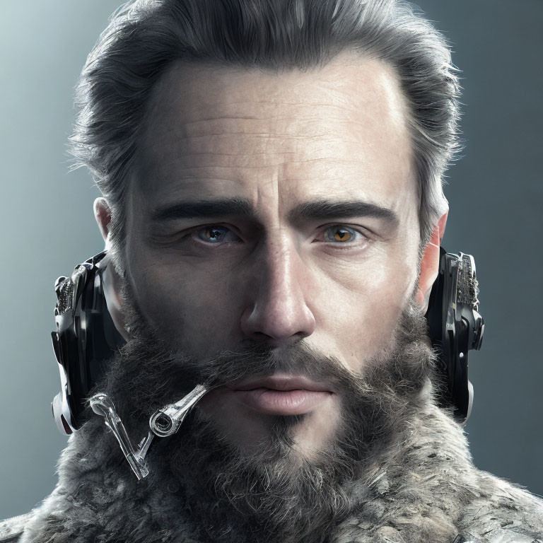 Man with Cybernetic Enhancements: Mechanical Ears, Jaw Device, Full Beard