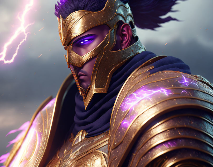 Warrior digital art: glowing purple-eyed figure in golden armor against stormy sky