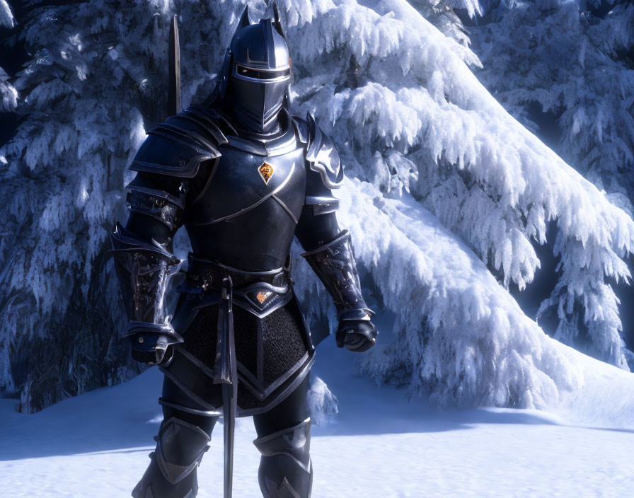 Black-armored knight with sword in snowy pine forest.