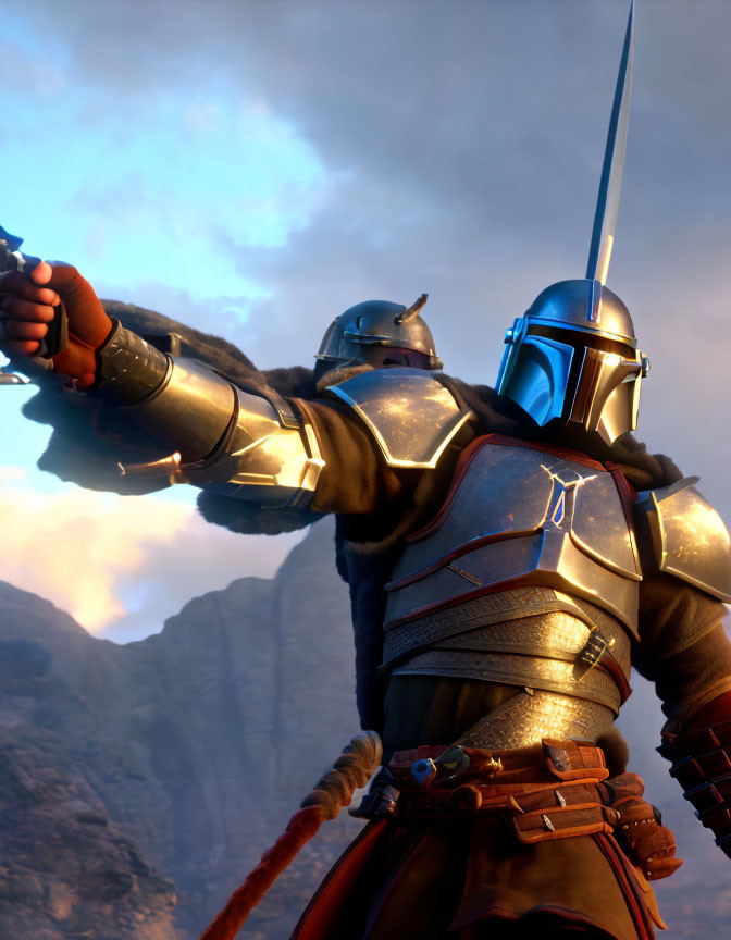 Futuristic armored warrior with blue helmet holding spear against rocky cliffs and cloudy sky