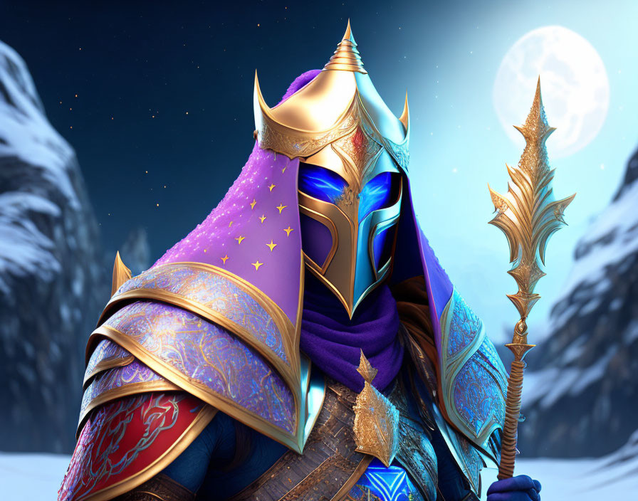 Armored knight with golden helm and blue cape in snowy mountain scenery