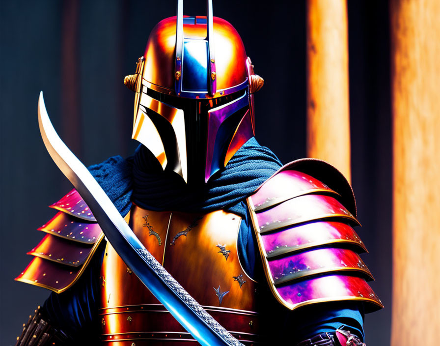 Vibrant metallic samurai armor with modern helmet and katana.