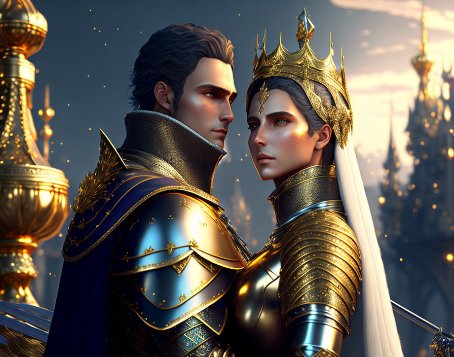 Regal Figures in Golden Armor and Crowns at Fantasy Castle
