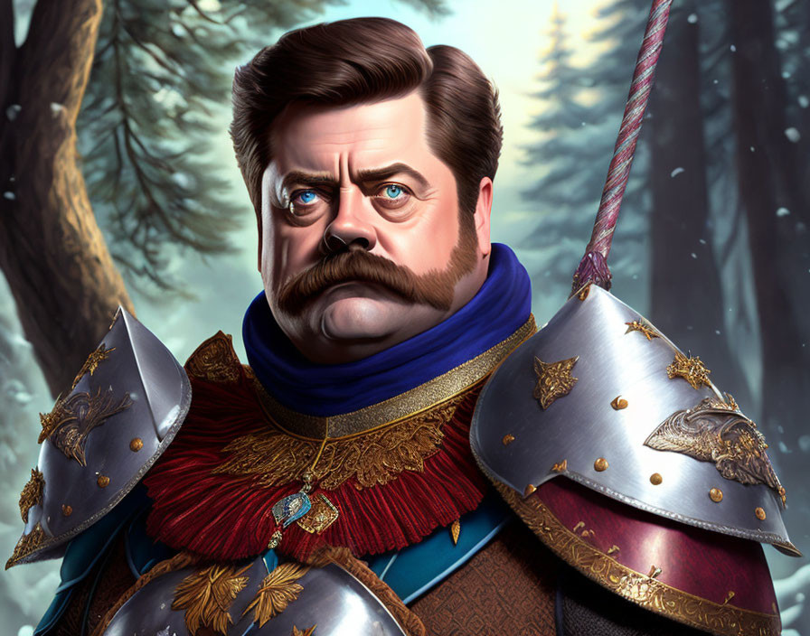 Medieval knight in ornate armor with stylized mustache in forest.
