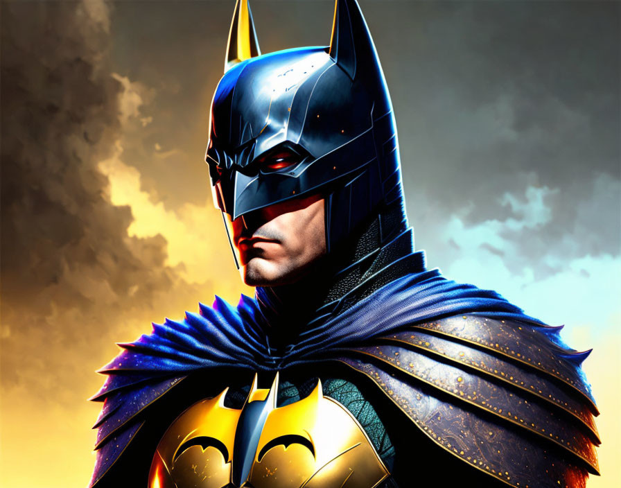 Detailed armored Batman costume portrait against cloudy sky