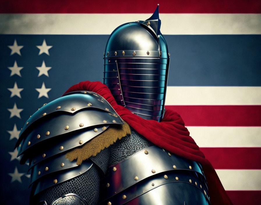 Knight in Shining Armor with Red Cape Against American Flag