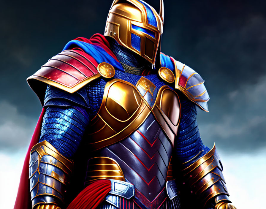 Detailed armored superhero in metallic helmet, red cape, and blue armor against stormy sky.