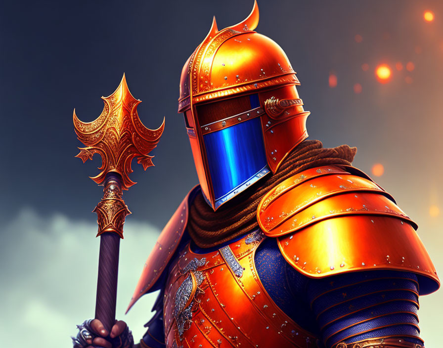 Knight in Orange Armor with Blue Visor and Elaborate Axe in Fiery Background
