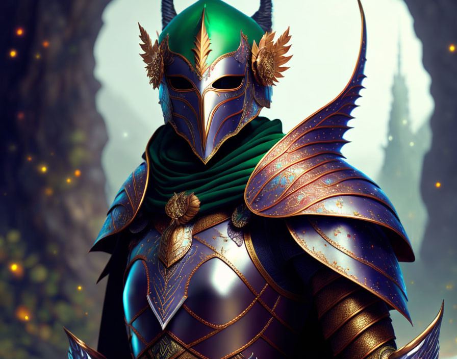 Fantasy-style armor with feathered helmet in mystical forest