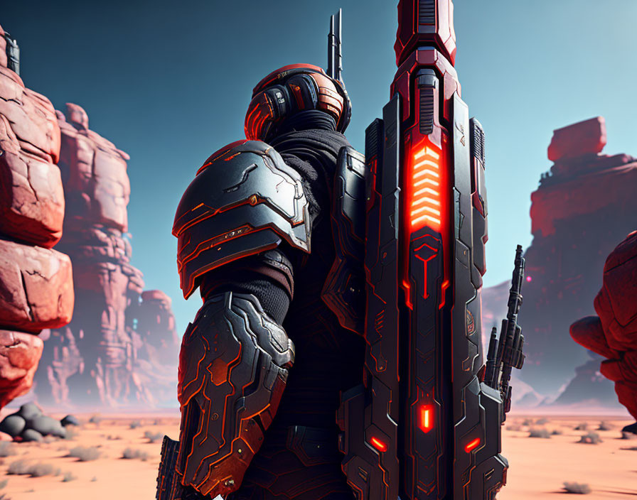 Futuristic soldier in advanced armor with high-tech rifle in desert landscape