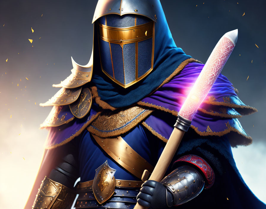 Knight in ornate armor with glowing sword under dramatic sky
