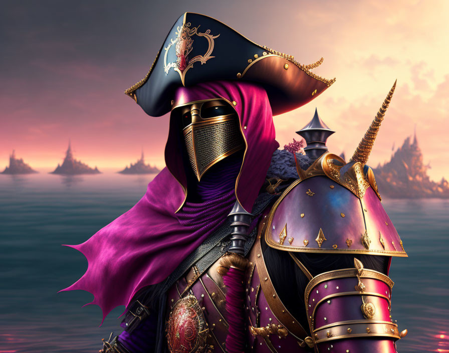 Knight in purple cloak and armor with visored helmet and sword by the sea.