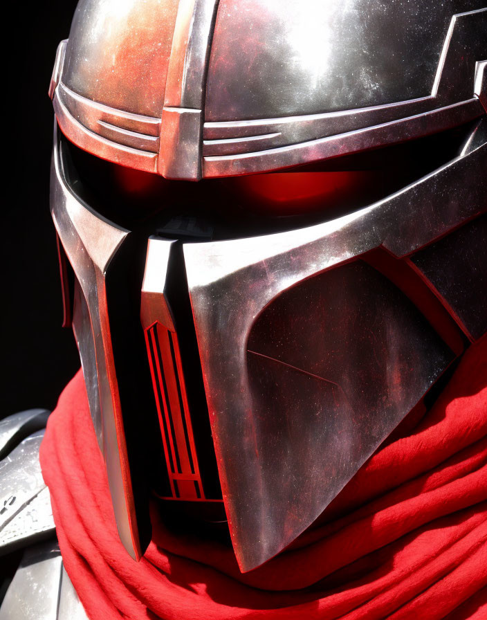 Weathered sci-fi helmet and red scarf on person in close-up shot