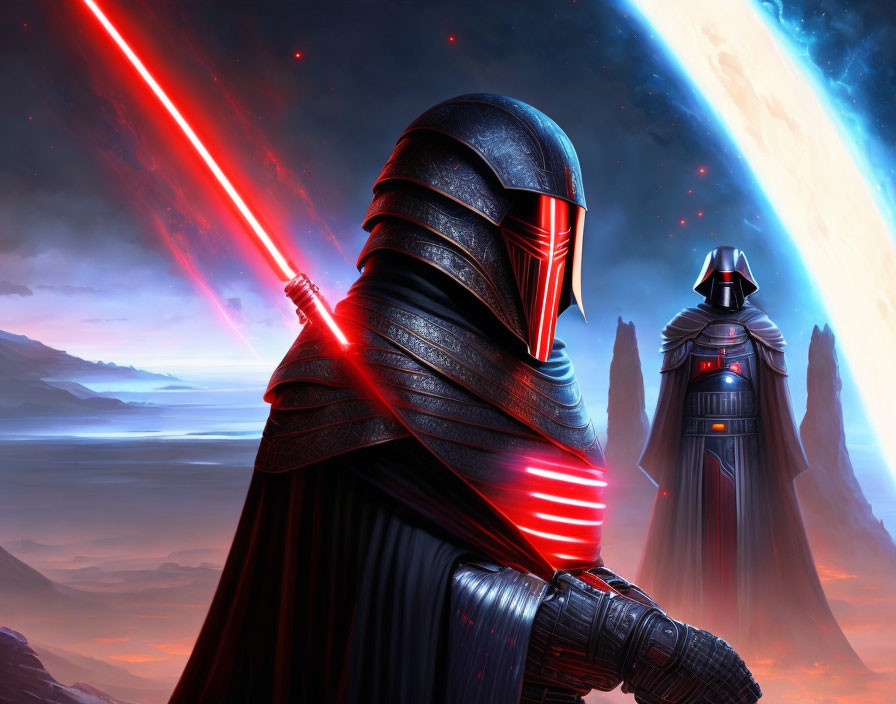 Two black-armored figures with red lightsabers against cosmic backdrop.