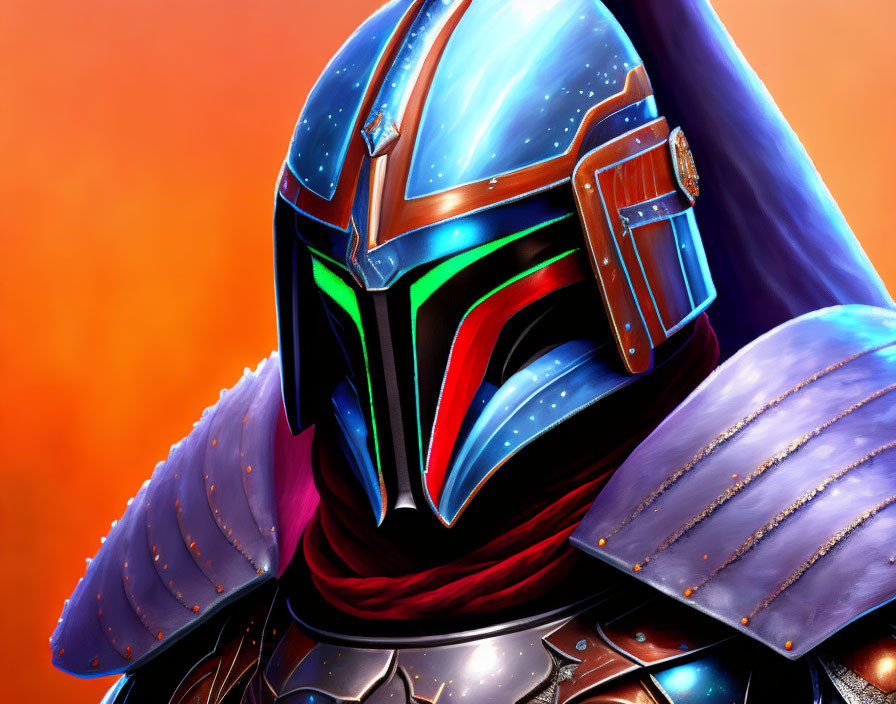 Futuristic knight character with glowing green visor and armor on orange background