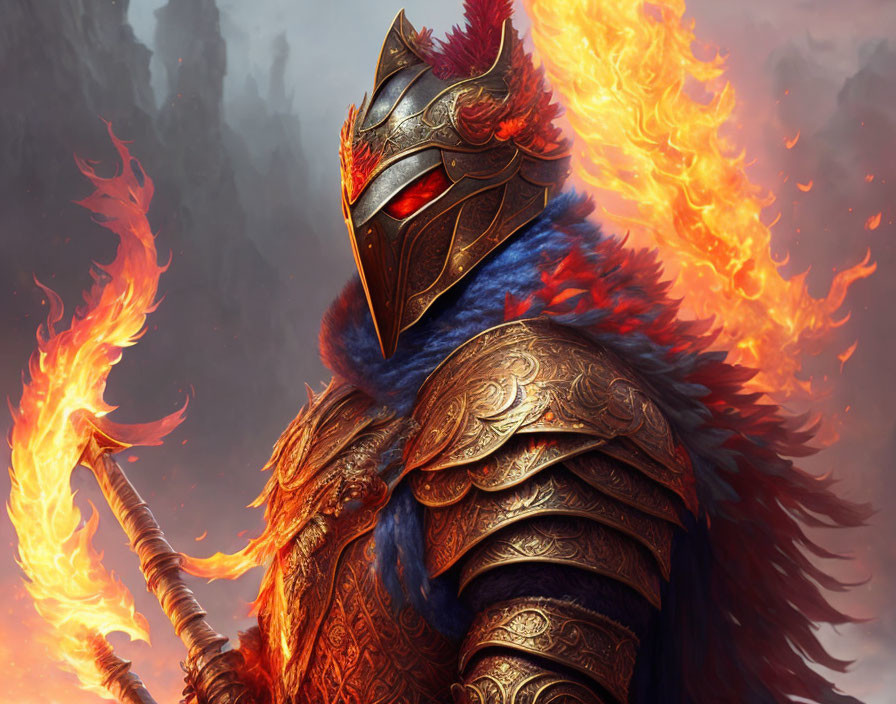Armored knight with plumed helmet and flaming sword in fiery aura on smoky background