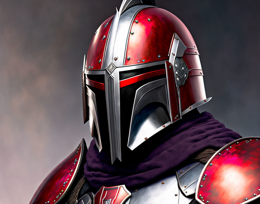 Detailed Red and Silver Knight Helmet and Armor Close-Up Portrait