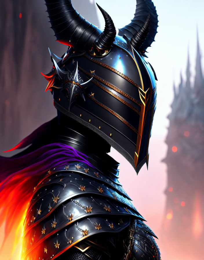 Ornate Black and Gold Armored Figure with Horned Helmet in Fiery Background