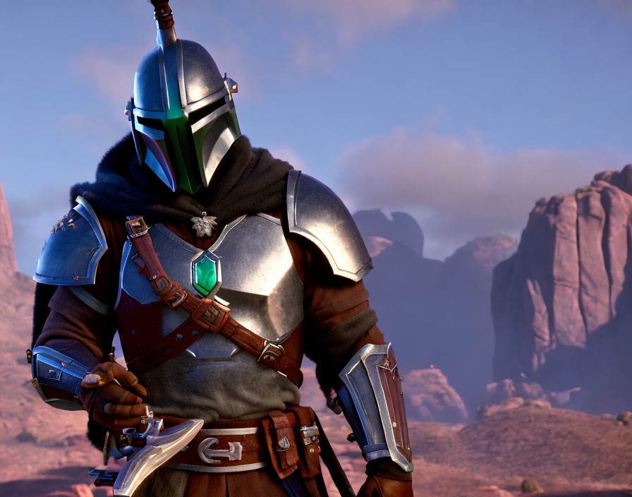 Character in Metallic Armor with T-Shaped Visor Helmet in Rocky Desert