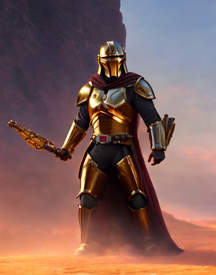 Golden armored figure with blaster in hand against reddish backdrop