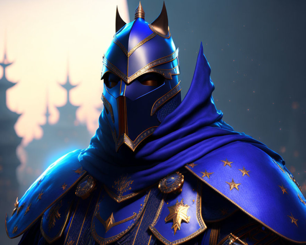 Ornate blue armor knight with gold trim and star-adorned cloak in front of silhou