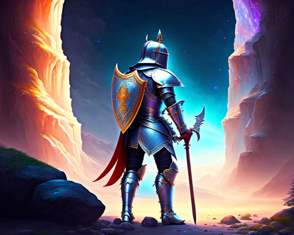 Blue-armored knight with lion crest in majestic landscape