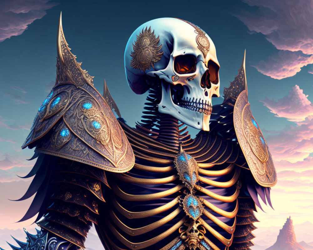 Skeleton in Ornate Armor Against Dusky Sky Background