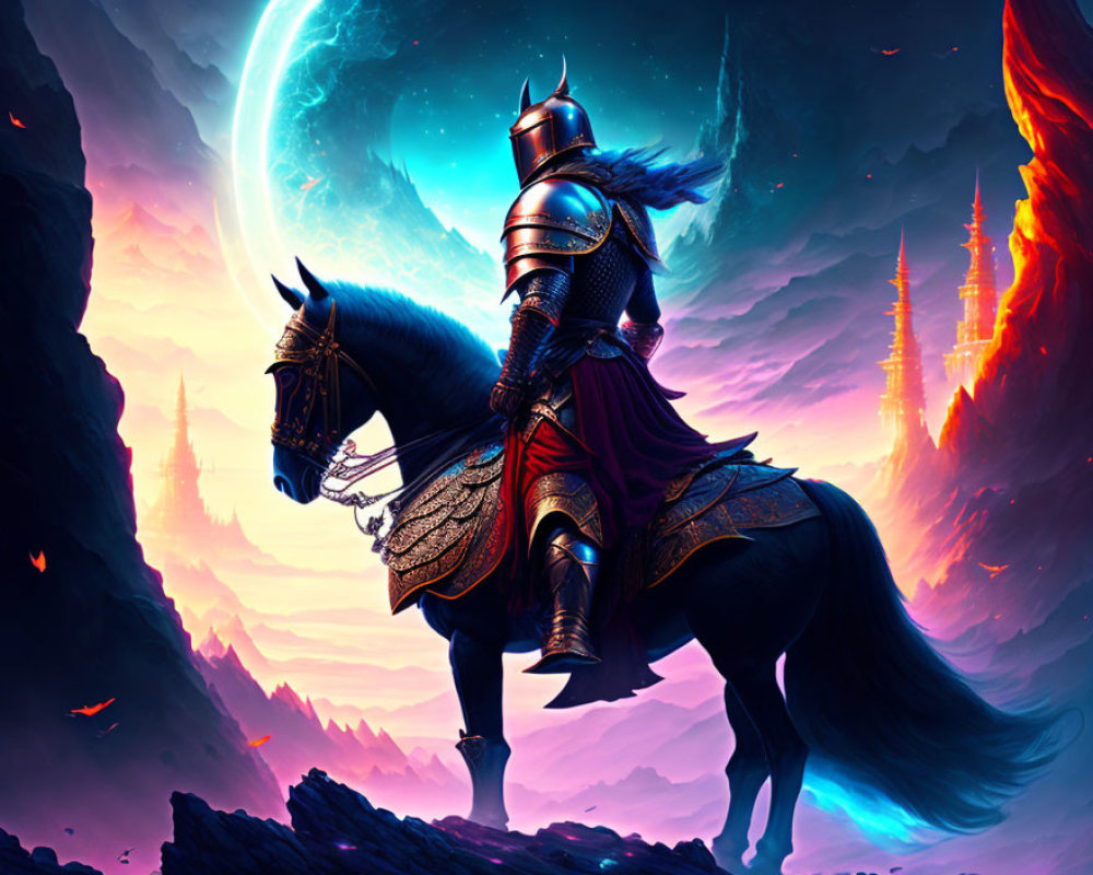 Knight in armor on horse in fantastical scene with large moon, vibrant sky, and castle.