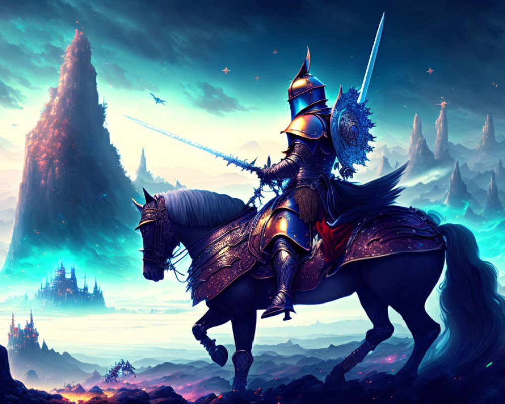 Armored knight on horseback in fantastical landscape