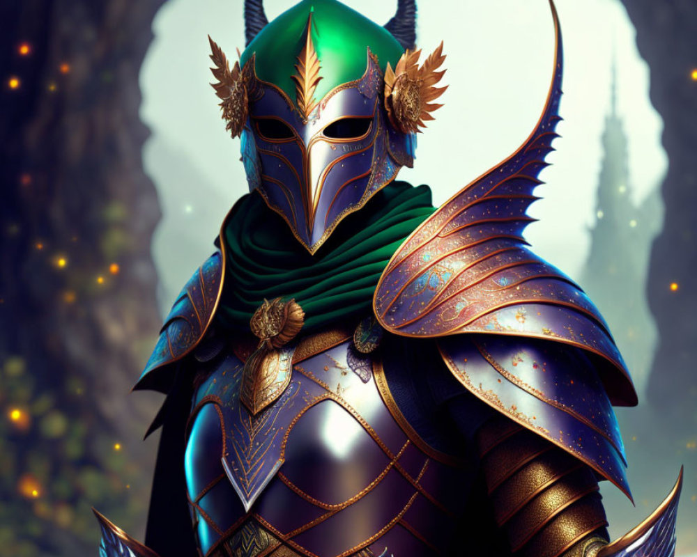 Fantasy-style armor with feathered helmet in mystical forest