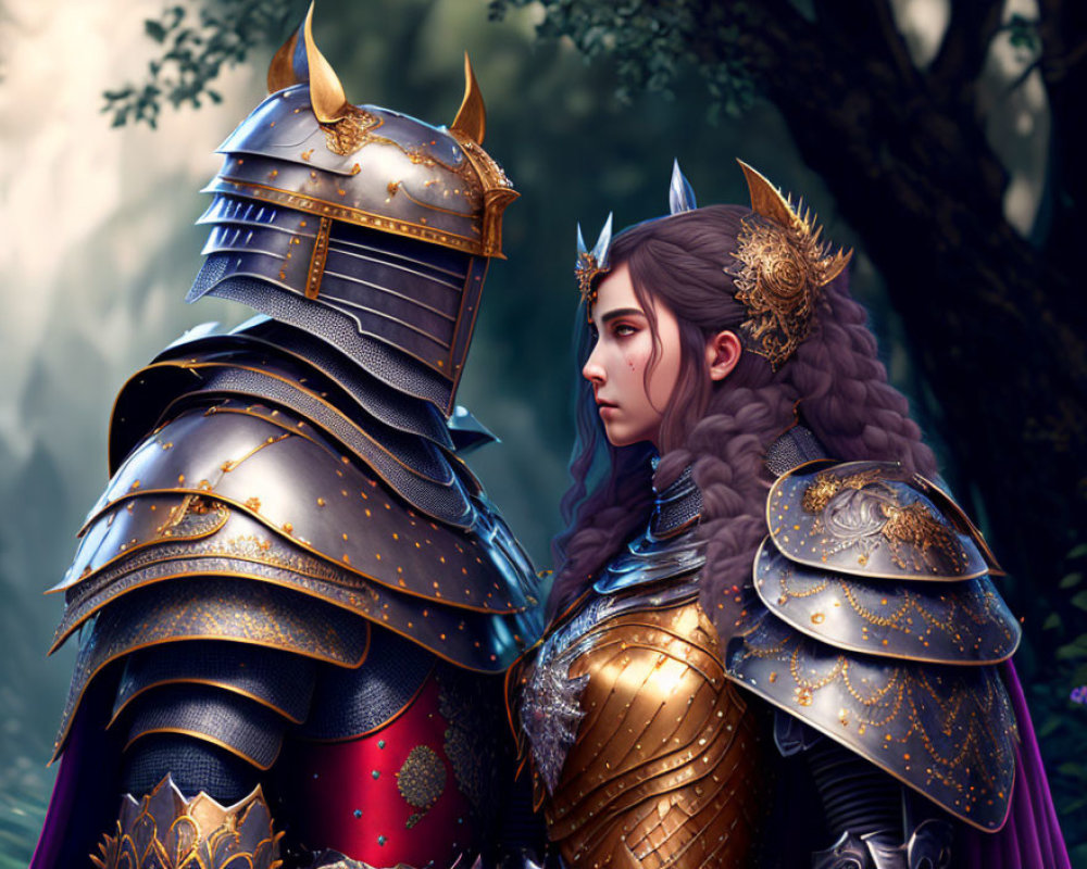 Two ornate golden knights in forest setting