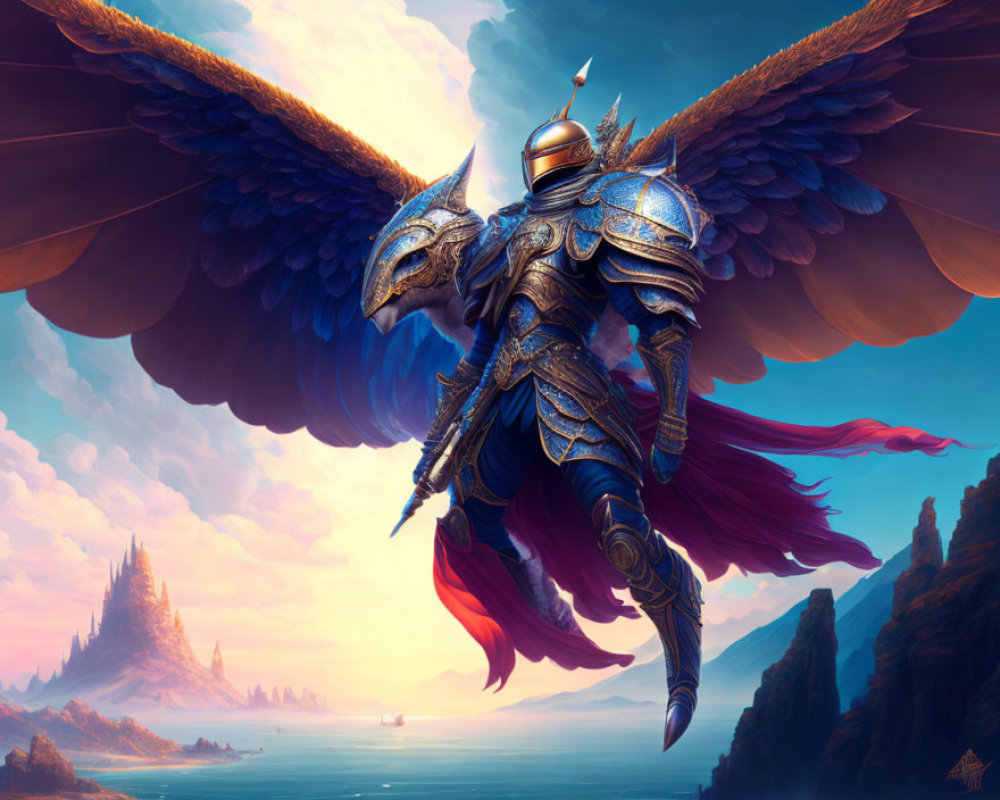 Winged knight in ornate armor flying over purple and orange landscape