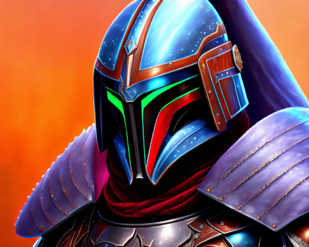 Futuristic knight character with glowing green visor and armor on orange background
