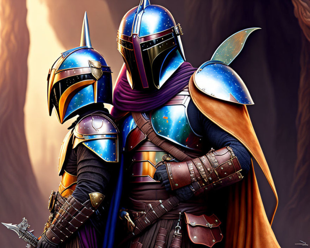 Futuristic armored individuals in blue and purple hues on brown backdrop