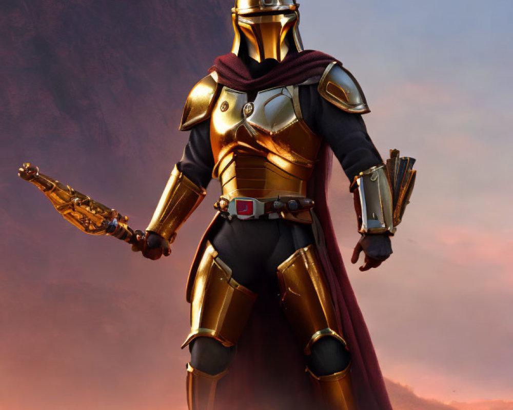 Golden armored figure with blaster in hand against reddish backdrop