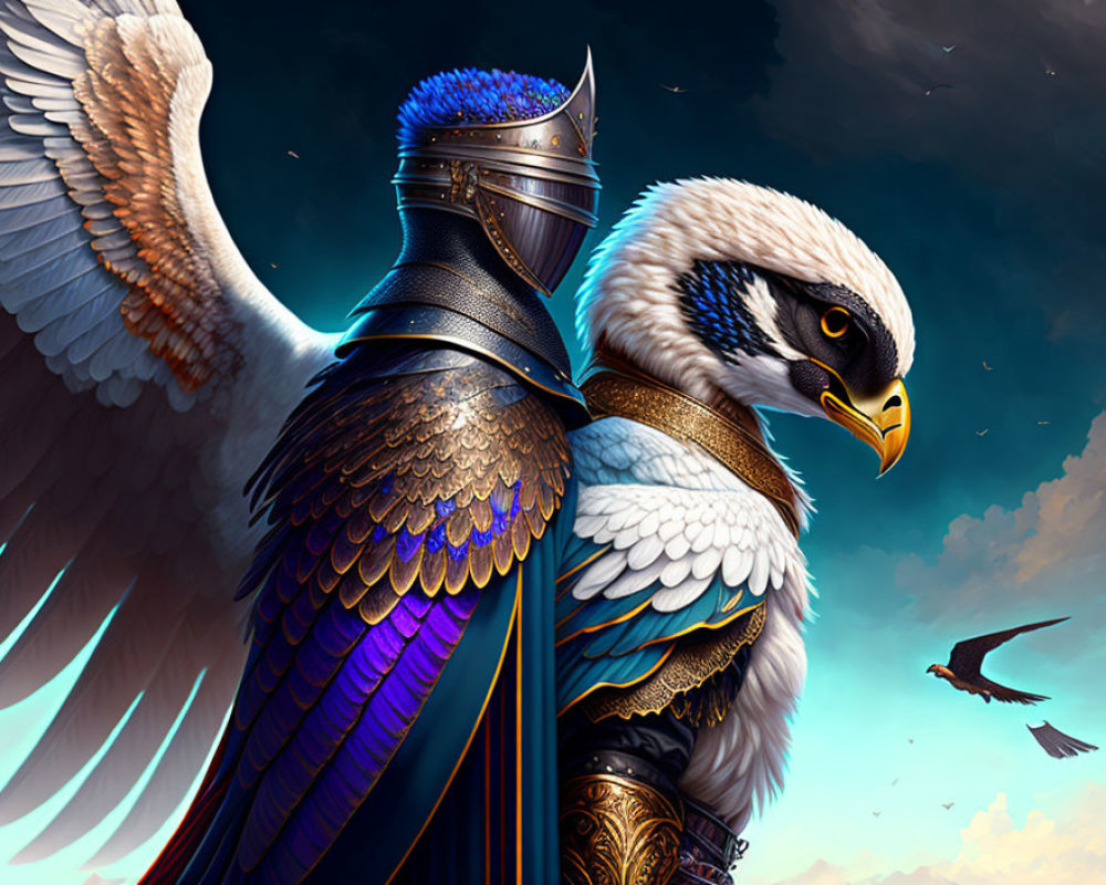 Anthropomorphic eagle warrior in ornate armor with outstretched wings