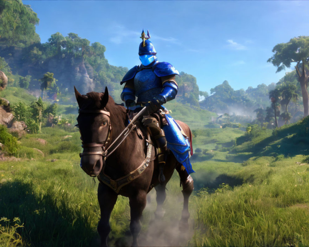 Blue-armored knight on horseback in lush green landscape with trees and hills under clear sky