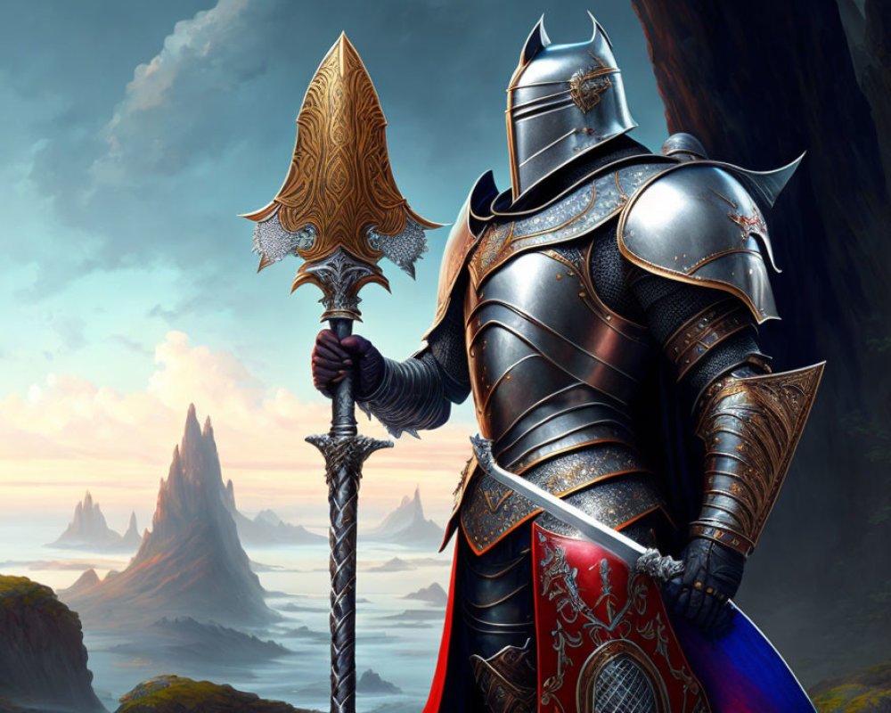 Knight in ornate armor with spear in fantastical landscape.