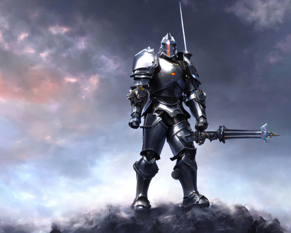 Reflective plate armor knight with lance in dramatic sky landscape