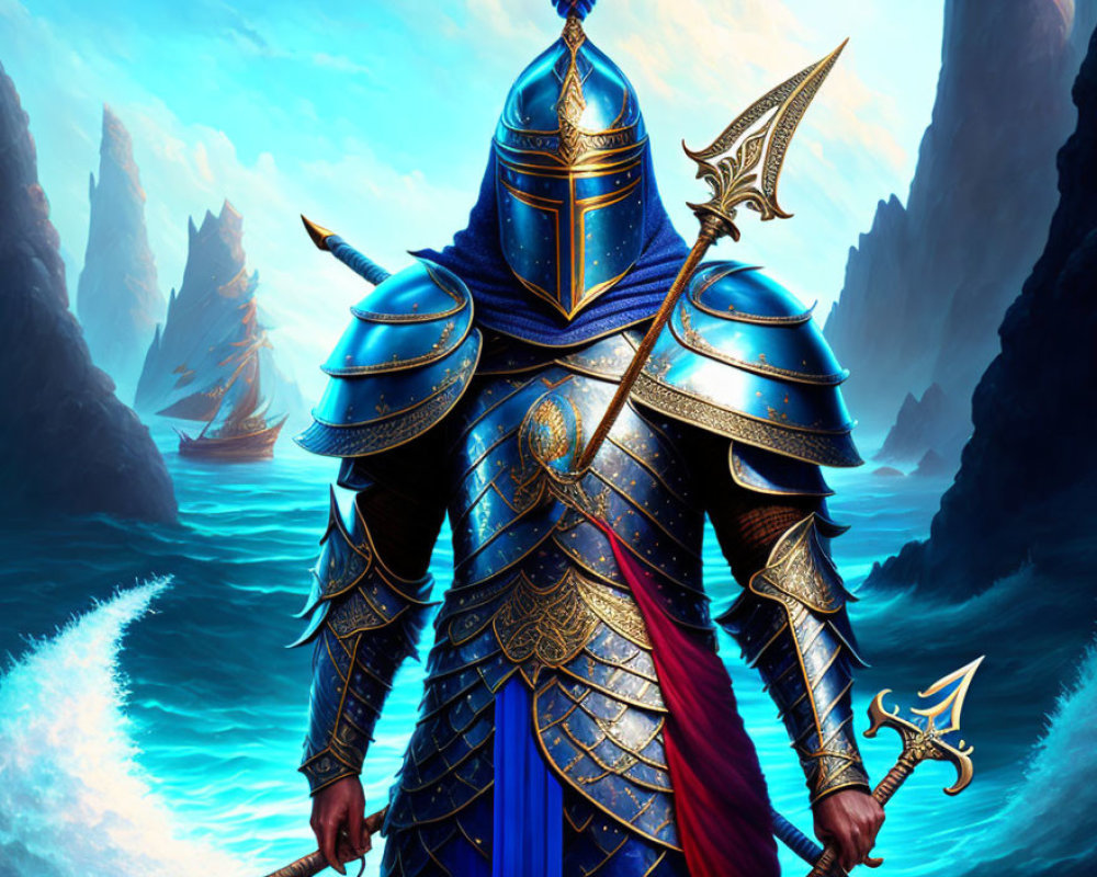 Armored knight with blue and gold cape holding ornate axe by the sea.