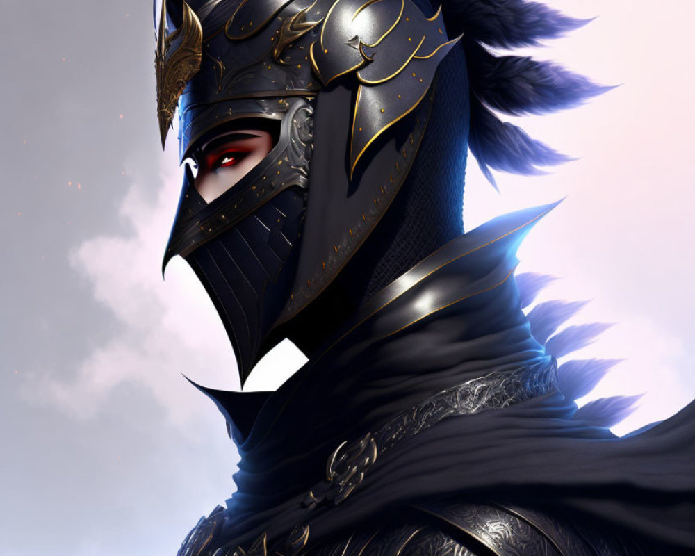 Close-up of person in black and gold knight's helmet with feathers and red eyes