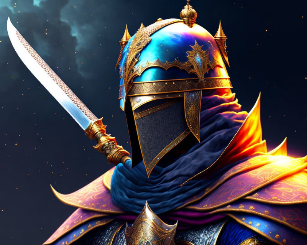 Warrior in Ornate Armor with Sword on Starry Background