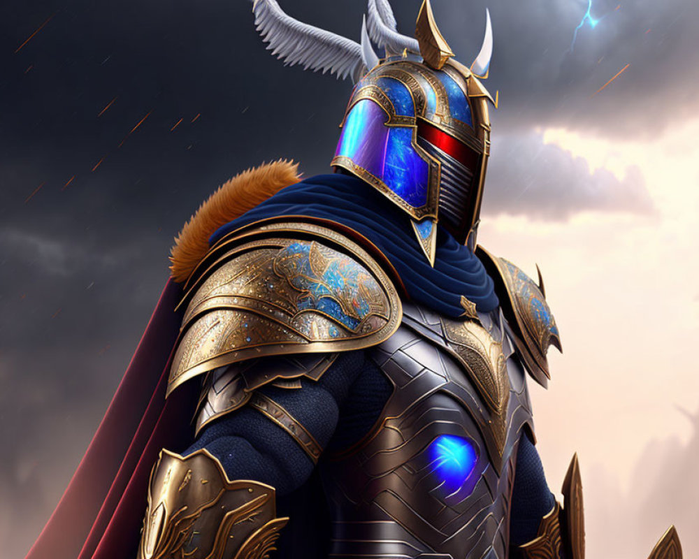 Majestic knight in ornate armor under stormy sky