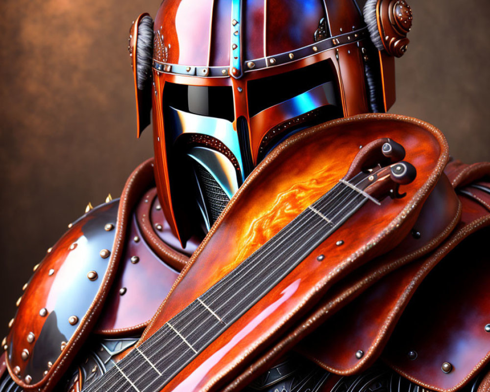 Futuristic armored character with reflective helmet holding a guitar.