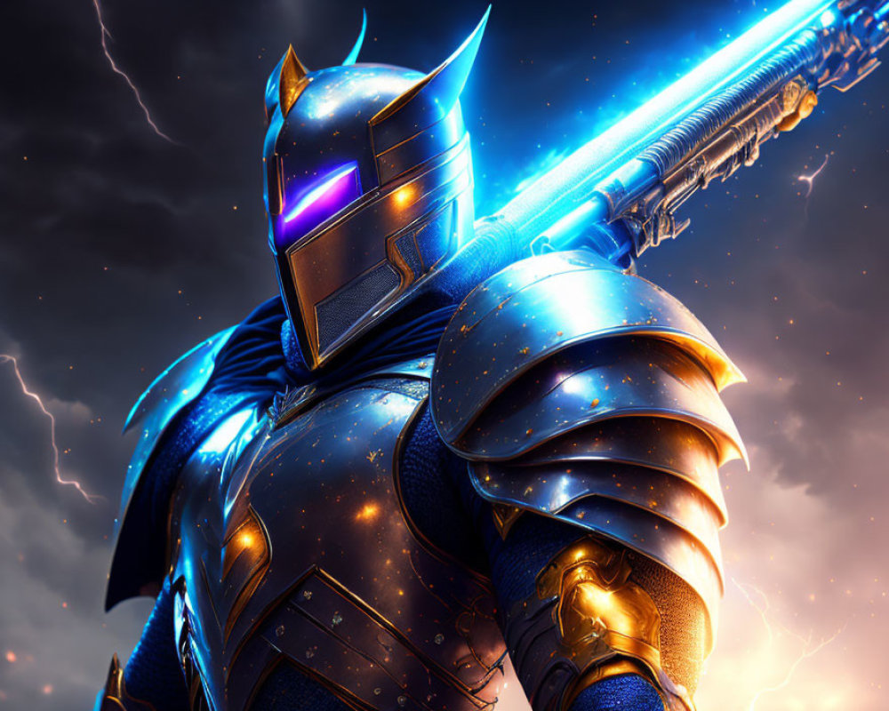 Futuristic knight in glowing blue and gold armor wields energy sword under stormy sky